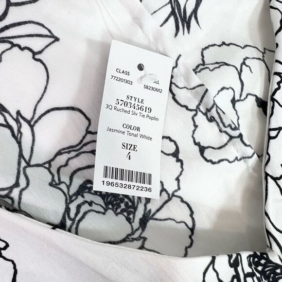 White House Black Market Poplin Top Womens Jasmine White 4 Ruched Sleeve Tie NEW - Picture 4 of 12